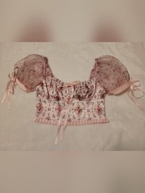 Sugar Thrillz Pink Satin Floral Puff Sleeve Crop Top